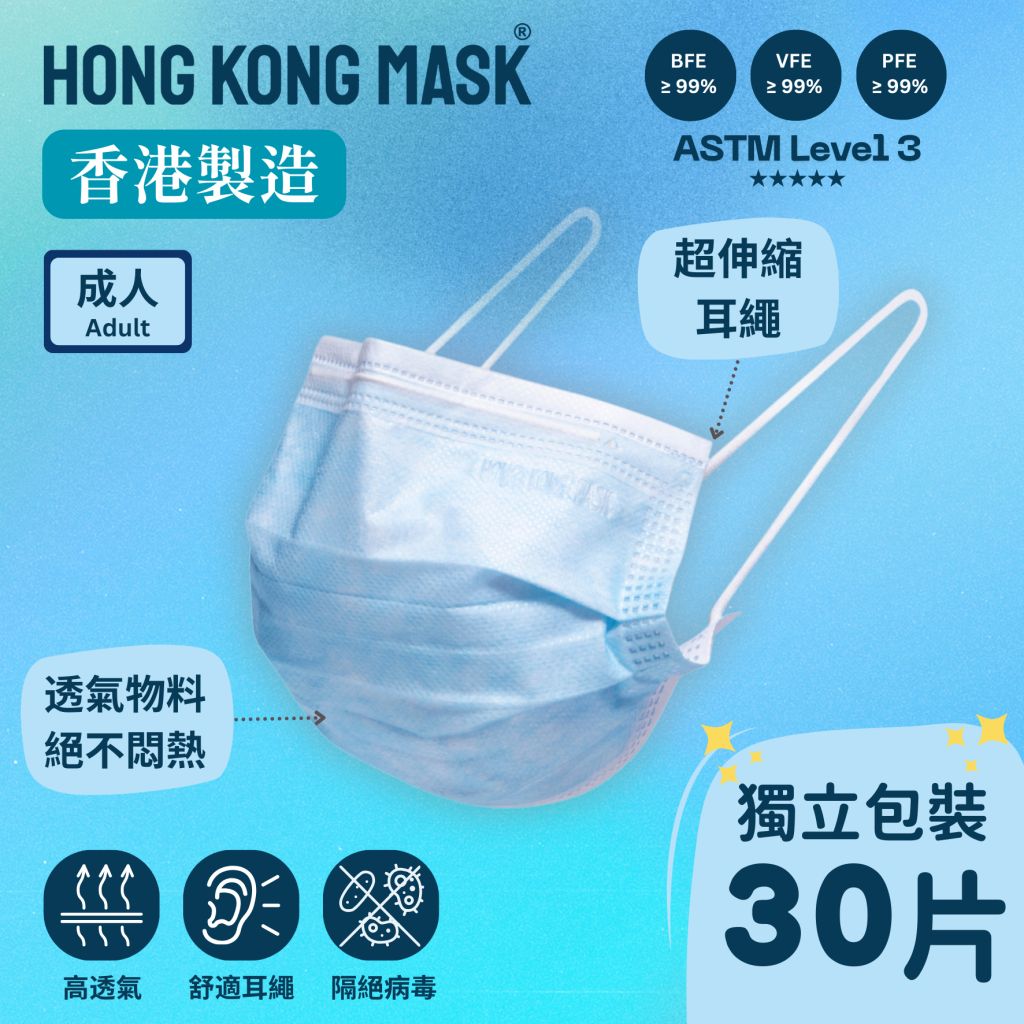 HKMASK成人口罩 天藍色 (30片裝・獨立包裝)