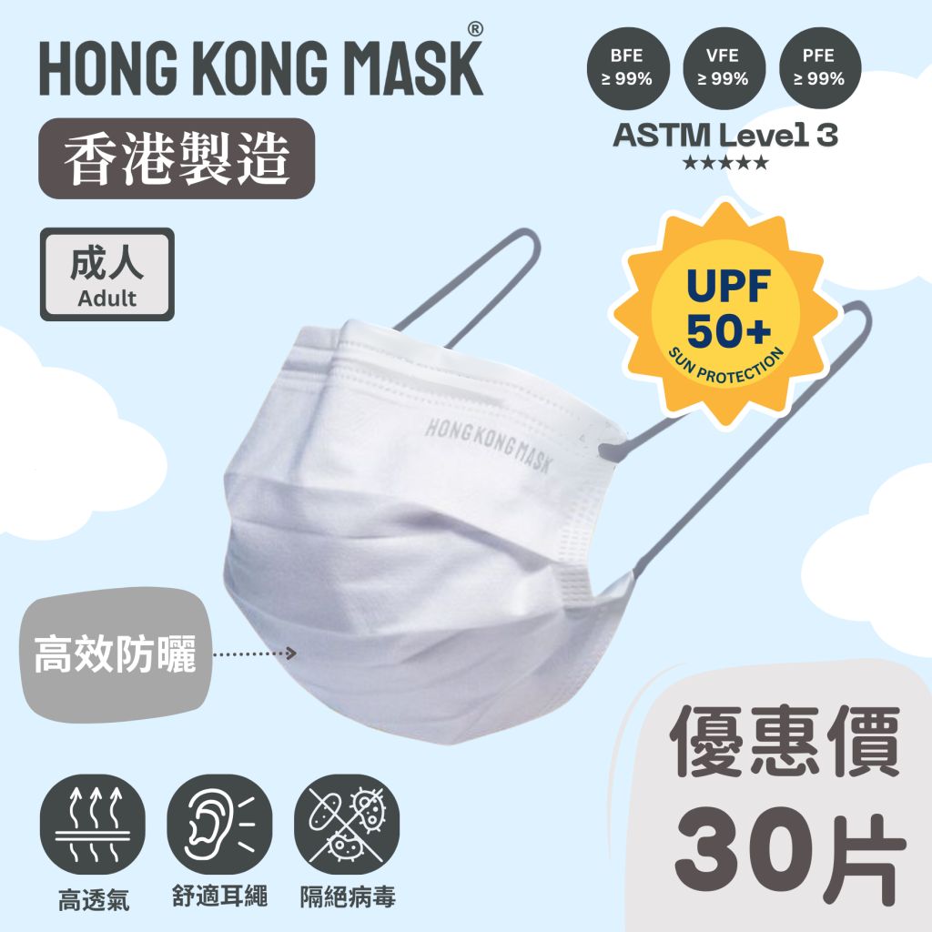 HKMASK抗UV/防曬 成人口罩 - 灰色耳繩(30片裝・獨立包裝)